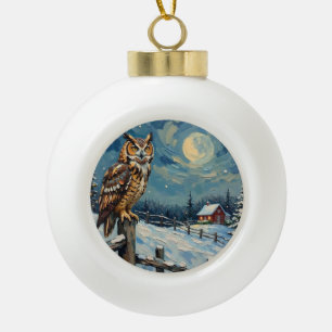 Adorno De Cerámica Tipo Bola Búho Vintage en Cerca Sobre Campo de Navidad Helad