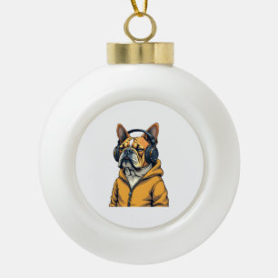 Adorno De Cerámica Tipo Bola Bulldog Antiguo con Auriculares con Capucha Música