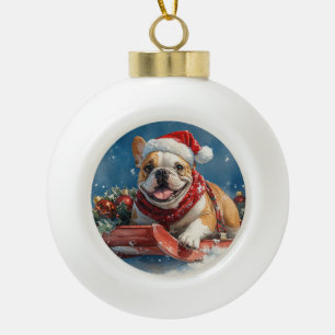 Adorno De Cerámica Tipo Bola Bulldog en Trineo Deja que Nieve Navidad
