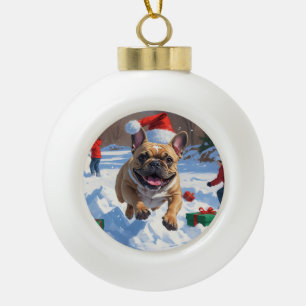 Adorno De Cerámica Tipo Bola Bulldog Francés corriendo en la nieve con sombrero