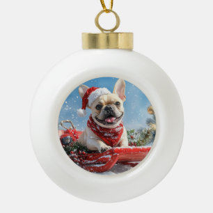 Adorno De Cerámica Tipo Bola Bulldog Francés en Trineo Deja que Nieve Navidad