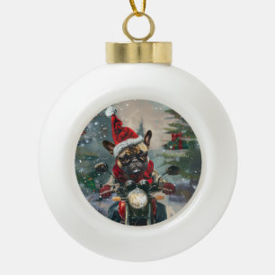 Adorno De Cerámica Tipo Bola Bulldog Francés Montando Motocicleta Navidad