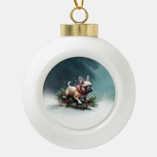 Adorno De Cerámica Tipo Bola Bulldog Francés Navidad nieve invierno