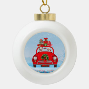 Adorno De Cerámica Tipo Bola Bulldog Inglés en coche con Papá Noel