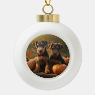 Adorno De Cerámica Tipo Bola Cachorro Airedale Delicia de Otoño Calabaza