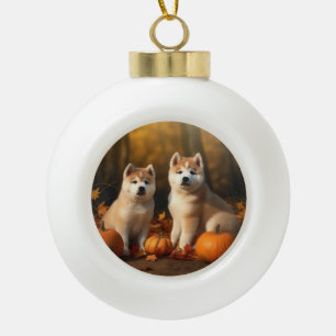 Adorno De Cerámica Tipo Bola Cachorro Akita Otoño Delicia Calabaza