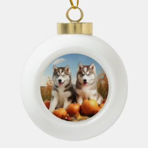 Adorno De Cerámica Tipo Bola Cachorro Alaskan Malamute Delicia de Otoño Calabaz