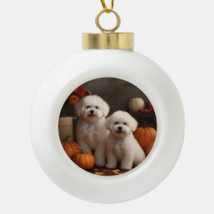 Adorno De Cerámica Tipo Bola Cachorro Bichon Frise Delicia de Otoño Calabaza 