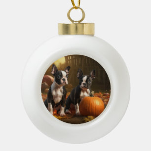 Adorno De Cerámica Tipo Bola Cachorro de Boston Terrier Otoño Delicia Calabaza