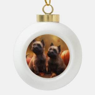 Adorno De Cerámica Tipo Bola Cachorro de Cairn Terrier Otoño Delicia Calabaza 
