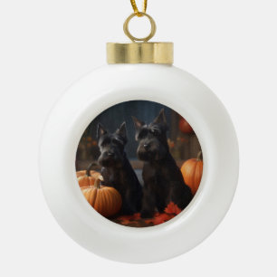 Adorno De Cerámica Tipo Bola Cachorro de Terrier Escocés Otoño Delicia Calabaza