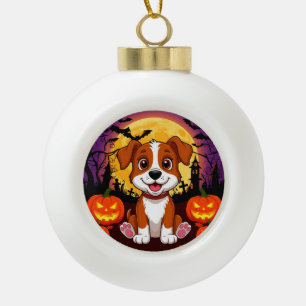 Adorno De Cerámica Tipo Bola Cachorro feliz en un entorno de Halloween con cala