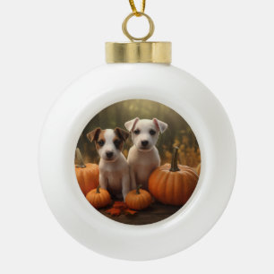 Adorno De Cerámica Tipo Bola Cachorro Jack Russell Otoño Delicia Calabaza 