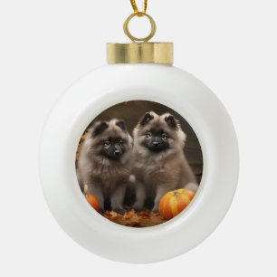 Adorno De Cerámica Tipo Bola Cachorro Keeshond Otoño Delicia Calabaza