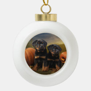 Adorno De Cerámica Tipo Bola Cachorro Rottweiler Delicia de Otoño Calabaza