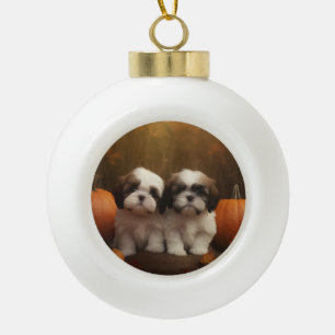 Adorno De Cerámica Tipo Bola Cachorro Shih Tzu Delicia de Otoño Calabaza
