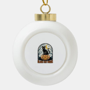 Adorno De Cerámica Tipo Bola Calabaza de Gato Negro Grabado Vintage de Hallowee