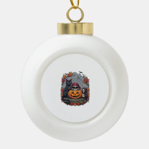 Adorno De Cerámica Tipo Bola Calabaza de Halloween Gato Cráneo Segador Otoño Ho