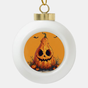 Adorno De Cerámica Tipo Bola Calabaza sonriente con una expresión fantasmal