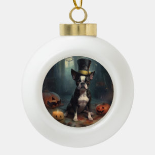 Adorno De Cerámica Tipo Bola Calabazas de Boston Terrier Halloween Espeluznante