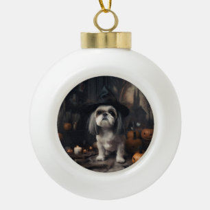 Adorno De Cerámica Tipo Bola Calabazas Shih Tzu Halloween Asustadizas