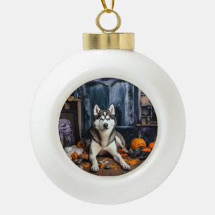Adorno De Cerámica Tipo Bola Calabazas Siberian Husky Halloween Asustadizas
