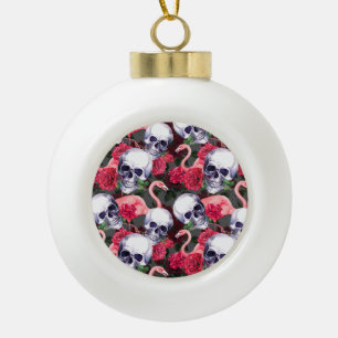 Adorno De Cerámica Tipo Bola Calavera floral, flamingo sin costuras.