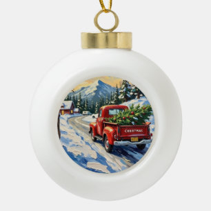 Adorno De Cerámica Tipo Bola Camión Rojo Antiguo que Transporta Árbol de Navida