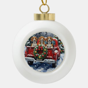 Adorno De Cerámica Tipo Bola Camioneta Roja de Navidad Beagle Fiesta