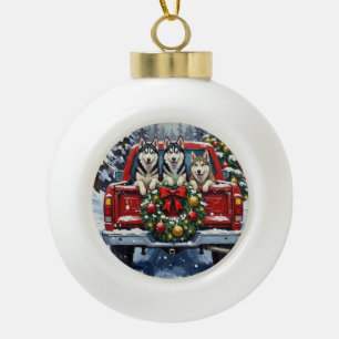 Adorno De Cerámica Tipo Bola Camioneta Roja de Navidad con Husky Siberiano Feri