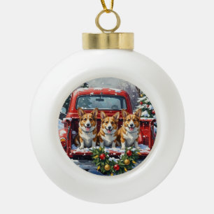 Adorno De Cerámica Tipo Bola Camioneta Roja de Navidad Corgi Fiesta