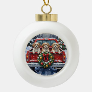 Adorno De Cerámica Tipo Bola Camioneta Roja de Navidad Shih Tzu Fiesta