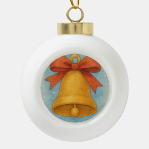 Adorno De Cerámica Tipo Bola Campana de Navidad dorada con lazo rojo festivo