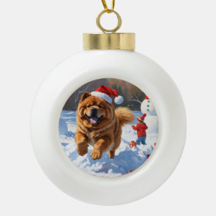 Adorno De Cerámica Tipo Bola Chow Chow corre en Nieve con Gorra Navidad