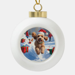 Adorno De Cerámica Tipo Bola Cockapoo corriendo en la nieve con sombrero de Nav
