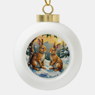 Adorno De Cerámica Tipo Bola Conejos Vintage Bajo el Árbol de Acebo Navidad