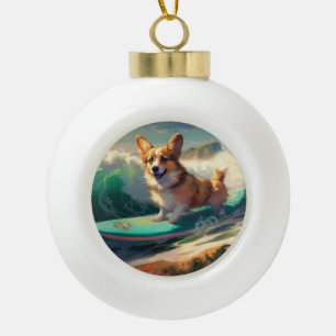 Adorno De Cerámica Tipo Bola Corgi  Pintura de Surf en la Playa