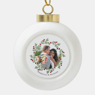 Adorno De Cerámica Tipo Bola Corona de Navidad de Acebo Elegante con Foto Perso