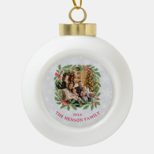 Adorno De Cerámica Tipo Bola Corona de Navidad de Acebo Elegante Foto de Feliz 