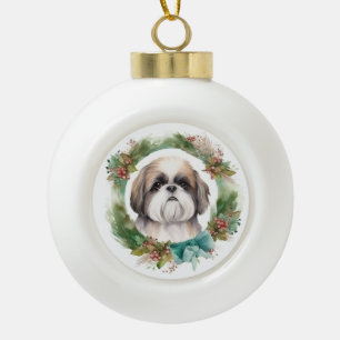 Adorno De Cerámica Tipo Bola Corona de Navidad de Shih Tzu Perro Festivo