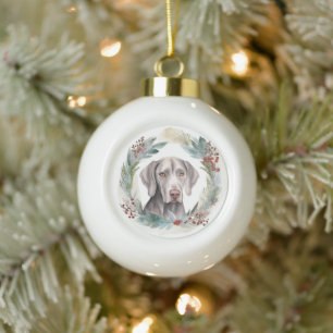 Adorno De Cerámica Tipo Bola Corona de Navidad Weimaraner Cachorro Festivo