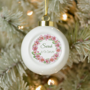 Adorno De Cerámica Tipo Bola Corona floral rosa y verde personalizada