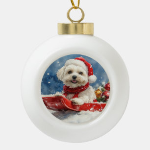 Adorno De Cerámica Tipo Bola Coton De Tulear en Sledge Let it Snow Navidades