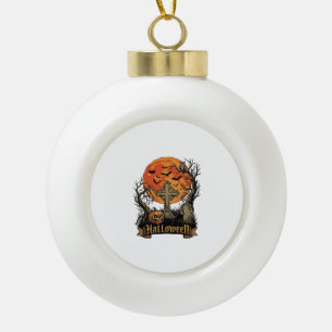 Adorno De Cerámica Tipo Bola Cruz de Halloween Lápida Calavera Calabaza Gato Ne