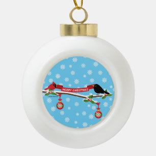Adorno De Cerámica Tipo Bola Cute Blackbird Y Cardenal En Sucursal - MERRY XMAS