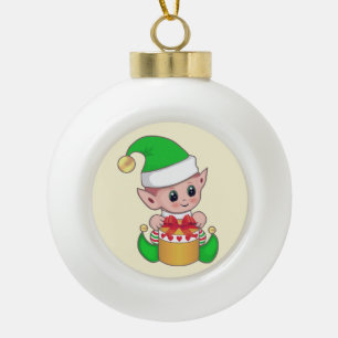Adorno De Cerámica Tipo Bola Cute Christmas elf & caja de regalo sobre marfil