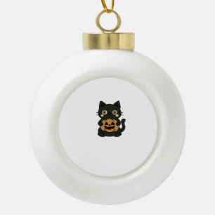 Adorno De Cerámica Tipo Bola Cute gato negro sujetando calabaza de Jack O Lante