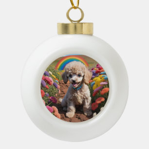 Adorno De Cerámica Tipo Bola Cute Poodle Flor colorida y arcoiris