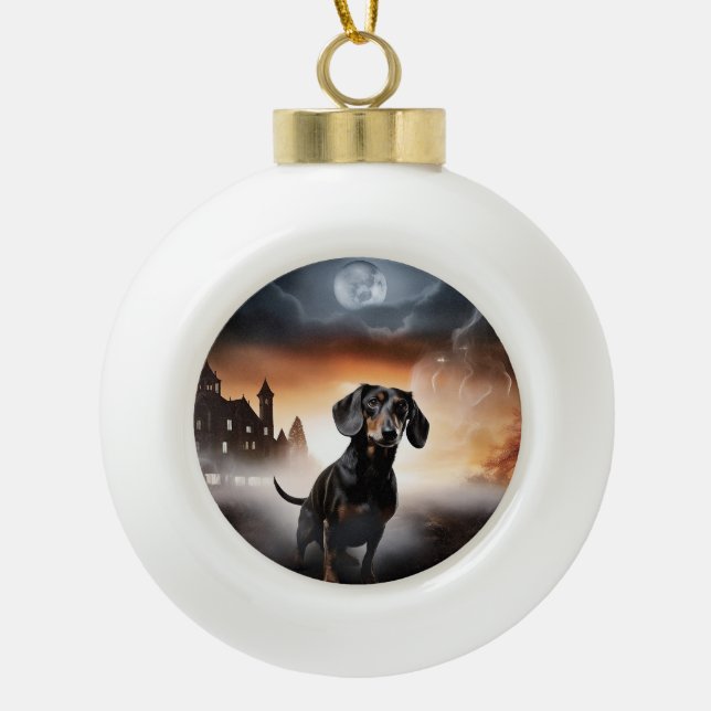 Adorno De Cerámica Tipo Bola Dachshund Halloween Scary (Anverso)