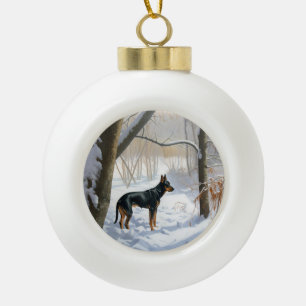 Adorno De Cerámica Tipo Bola Doberman Pinscher Deja que nieve Navidad